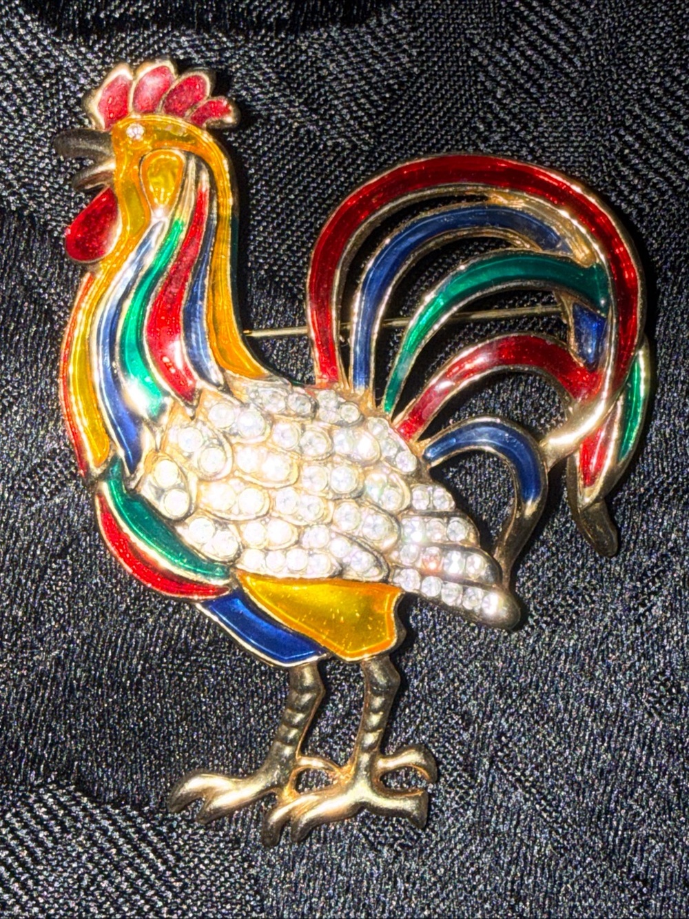 Pierre Balmain Multicolor Rooster Brooch Clear Rhinestones enamel chicken 1970’s